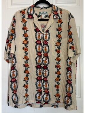 Men's Two Palms Vintage Hawaiian Hula Girl Casual Button Down Shirt L Beige